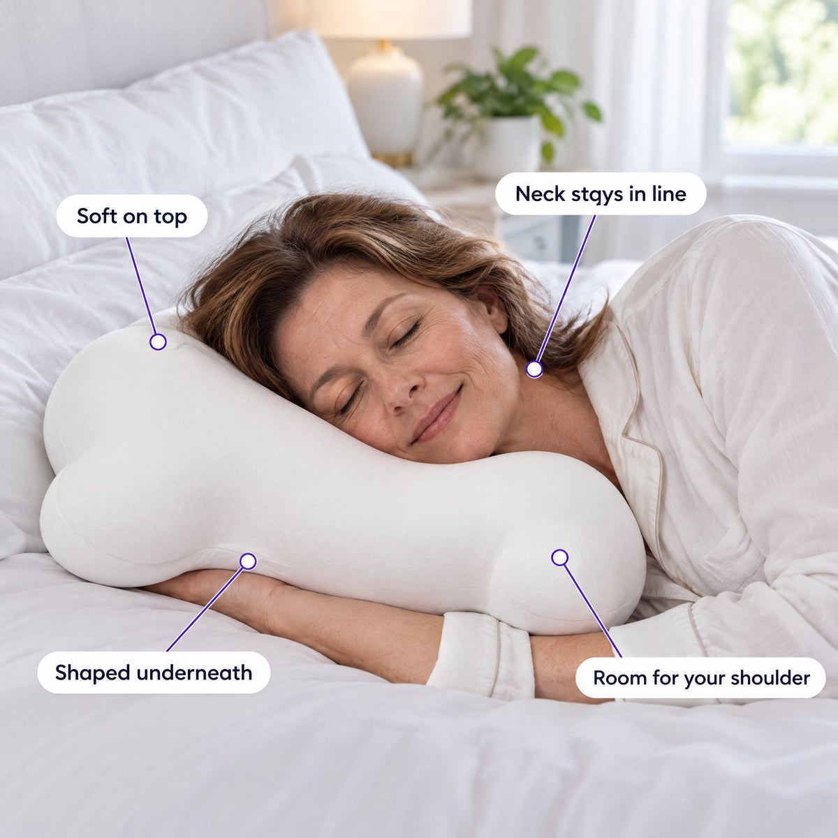 Side sleeper on the cloud pillow: soft on top, shaped underneath, neck stays in line