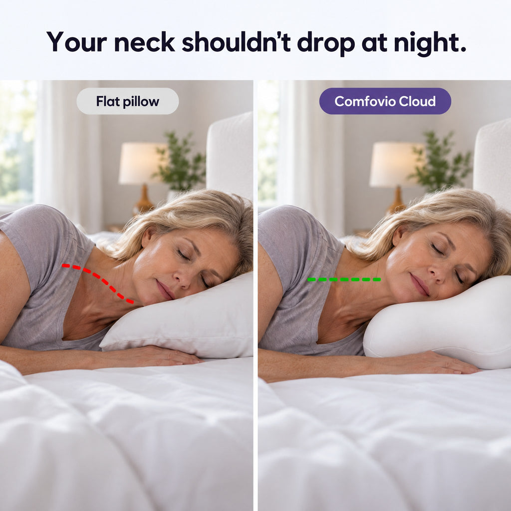 Flat pillow vs Comfovio Cloud: your neck shouldn't drop at night