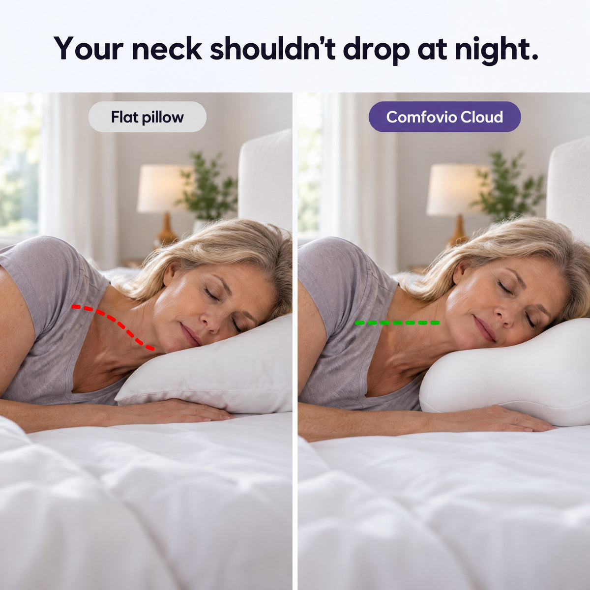 Flat pillow vs Comfovio Cloud: your neck shouldn't drop at night