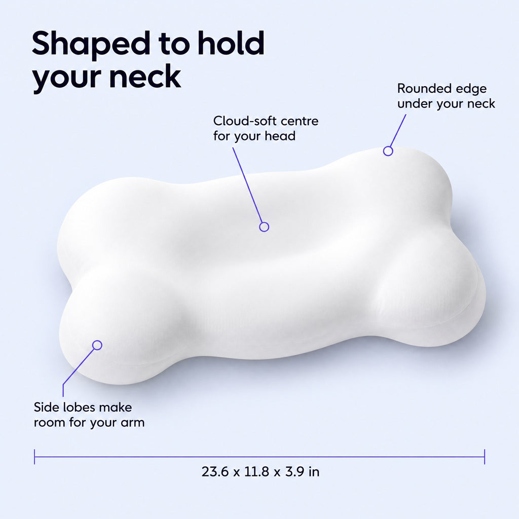 Shaped to hold your neck: cloud-soft centre, rounded edge, side lobes, 23.6 x 11.8 x 3.9 in