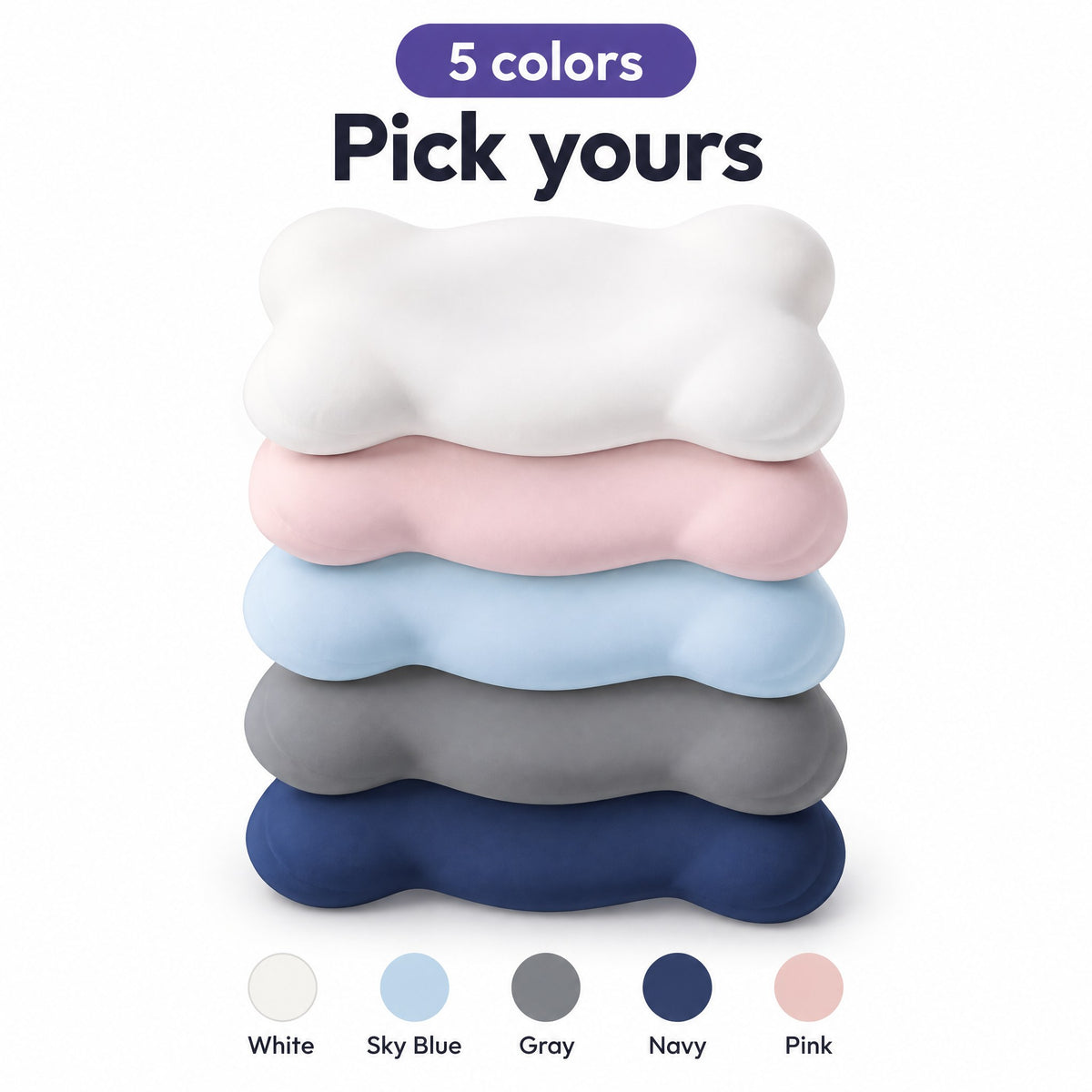 5 colors: white, sky blue, gray, navy, pink